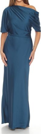 Joseph Ribkoff Draped Cold Shoulder Satin Long Dress In Twilight