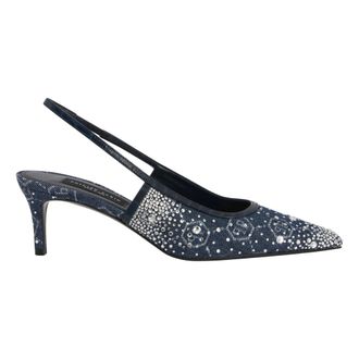 Philipp Plein Schoenen, Dames, Blauw, 41 EU, Denim, Denim Mid Heels Slingbacks Monogram Strass