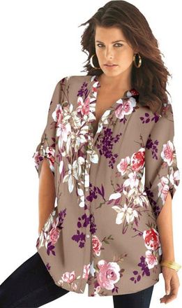 Roaman's Pintuck Tunic Blouse Y Neck & Roll Tab Sleeves in Brown Sugar Romantic Rose at Nordstrom, Size 12