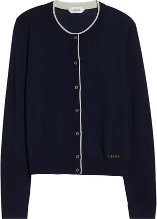 Versace Tipped Wool Blend Cardigan in Navy at Nordstrom, Size 4 Us