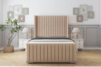 Sloomy Marlborough Plush Frame-Mattress-50 Upholstered Wingback Headboard in Stone | Size: Small Single
