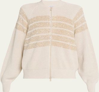 Brunello Cucinelli Sequin Striped Cotton Knit Zip-Up Cardigan