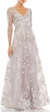 Mac Duggal Appliqued Illusion Long Sleeve A Line Gown in Vintage Lilac at Nordstrom, Size 18