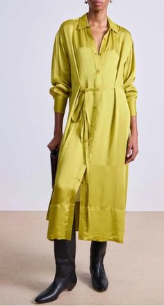 Apiece Apart Beni Cinched Tie Shirt Dress In Avocado