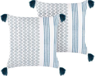 Beliani Conjunto De 2 Cojines De Algod&oacute;n Blanco Azul Oscuro 45 X 45 Cm Bloque Impreso Tilia