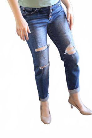Kancan High Rise Button Down Girlfriend Jeans In Medium Wash