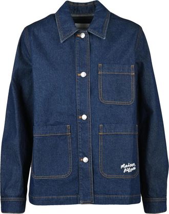 Maison Kitsun&eacute; Blue Denim Coat With Structured Design And Embroidered Logo