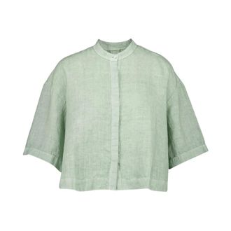 120% Lino Blouses, female, Green, 3XL, Green Linen Cropped Shirt