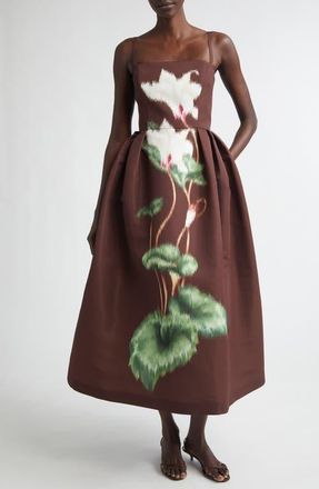 Oscar De La Renta Chin&eacute; Cyclamen Pleated Satin Fit & Flare Dress in White/Mahogany at Nordstrom, Size 10