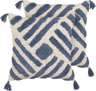 Beliani Conjunto De 2 Cojines De Algod&oacute;n Azul Beige 45 X 45 Cm Borlas Relleno Jacaranda