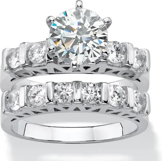 Palm Beach Jewelry 3 TCW Cubic Zirconia 2-Piece Bar-Set Bridal Wedding Ring Set in Platinum-plated