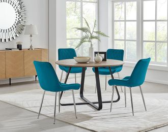 Furniturebox Santorini Brown Round Dining Table & 4/6 Pesaro Silver Leg Chairs in Blue