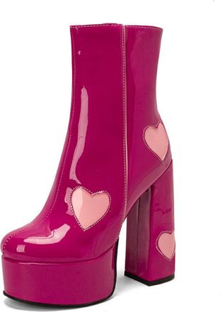 Generic Womens Chunky Heel Shiny Ankle Boots Patent Leather Platform Heart Printed Booties for Party,Rose Red,1.5 UK