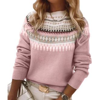 Generic Womens Fair Isle Sweater, Vintage Argyle Iceland Norway Boho Retro Casual Crew Neck Knitted Pullover Jumper Tops Fall Fashion (Pink,M)