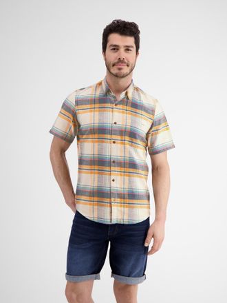 Lerros Kurzarmhemd LERROS LERROS Halbarmhemd mit Karomuster, Herren, Gr. S, Normalgr&ouml;ssen, gelb (mango), 100% Baumwolle, Hemden Kurzarmhemd