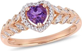 Amour 3/8 CT TGW Heart Shaped Amethyst and Diamond Halo Heart Shaped Ring In 10K Rose Gold
