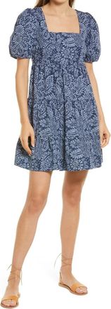 Madewell Babydoll Dress Womens 0 Blue Paisley Print Tiered Puff Sleeve RED654