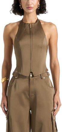 Mani&egrave;re De Voir Claudette Satin Halterneck Backless Top in Dark Olive at Nordstrom, Size 12