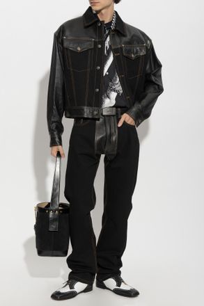 Versace Denim Jacket With Leather Inserts, Mens, Black