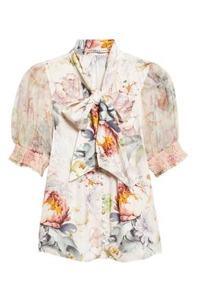 Alice & Olivia Brentley Floral Tie Neck Button-Up Top in Sweet Peony at Nordstrom, Size X-Small