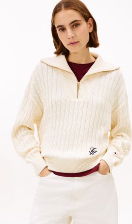 Tommy Hilfiger Troyer TOMMY HILFIGER CO CABLE MID GG 1/2 ZIP LS SWT, Damen, Gr. XXXL(46), calico, Strick, Obermaterial: 100% Baumwolle, unifarben, regular fit, Rippb