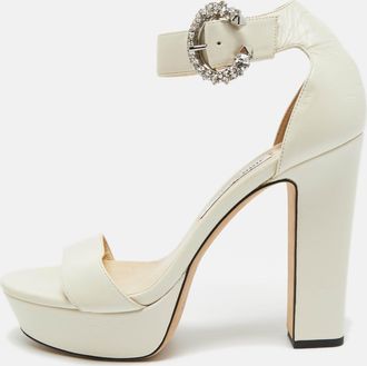 Jimmy Choo London Cream Leather Crystal Embellished Ankle Strap Sandals