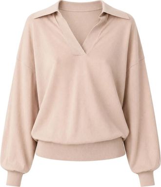 Meimeij Polo met lange mouwen - Dames - V-hals truien - Beige - S - Katoen - Truien & Vesten