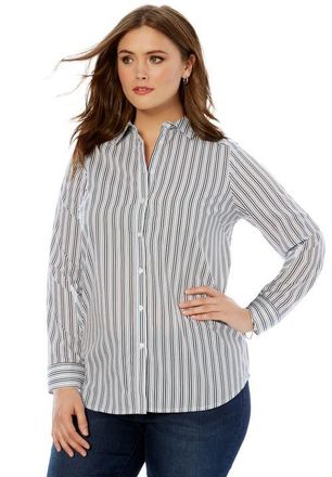 Roaman's Plus Size Kate Long Sleeve Easy Cotton Blend Button Front Shirt in Navy Stripe at Nordstrom, Size 28