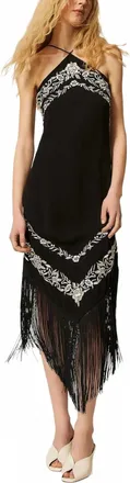 Twin-Set Flower Embroidered Midi Dress In Black