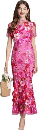 Generic Women Summer French 3D Flower Fishtail Short Sleeve Long Dresses Bodycon Holiday Embroidery Prom Dress Rose pnnrk XL
