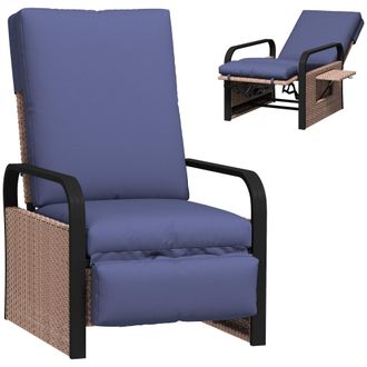 OUTSUNNY Rattan Garden Recliner Chair Sun Lounger w/ Side Tray - Brown/Blue | TJ Hughes Blue