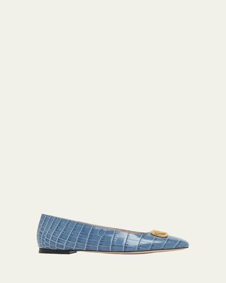 Valentino Garavani VLogo Croc-Embossed Leather Ballerina Flats