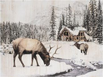 Melrose International Wooden Winter Reindeer and Lodge Plaque 17.5H - Brown, Black