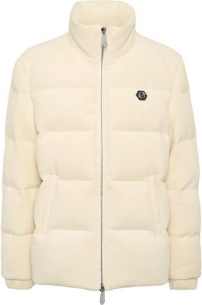 Philipp Plein Jassen, Heren, Beige, XL, Polyester, Puffer Jacket met Borduursel Plein Hotel