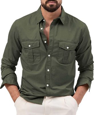 Generic Flannel Shirt Checked Shirts for Men Casual Polo Mens Fashion Spring and Summer Casual Long Sleeved Lapel Solid Color Shirt Shirt Double Pockets Mens 