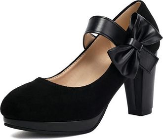 Generic Womens Round Toe Mary Jane Bowknot Decor Block High Heel Pumps Platform Wedding Party Casual Dress Shoes (Black,5.5)