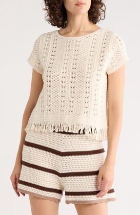Adrianna Papell Open Knit Fringe Trim Top in Cream at Nordstrom Rack, Size X-Small