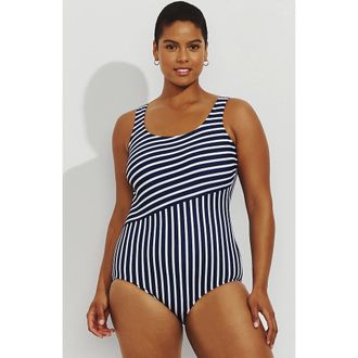 Lands End Tugless Low Leg One Piece Swimsuit in Deep Sea/white Media Stripe at Nordstrom, Size 16W