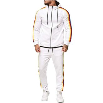 LaoZan Men Sportwear Tracksuit Set 2Pcs Running Fitness Zipper Hooded Jacket + Casual Sports Pants Bottom Trousers (White 1, Asia 5XL)