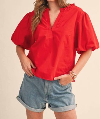 Merci Crush Puff Sleeve Blouse In Cherry Red