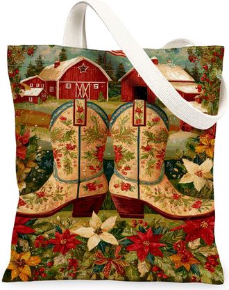Generic Vintage Floral Canvas Tote Bags, Rustic Boots Plant Pattern Reusable Grocery Bags, Holiday Lightweight Washable Shoulder St, Red, 13x15 Inch