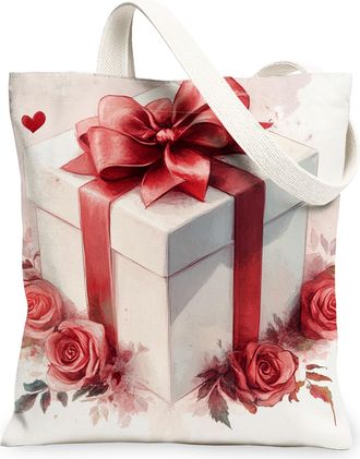 Generic Rose Floral Canvas Tote Bags, Elegant Gift Box Design Reusable Shopping Bags, Spring Vintage Lightweight Washable Shoulder Strap Canvas for Travel Bea