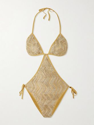 Missoni Costume Da Bagno Cut-out In Maglia Crochet Metallizzata A Righe Con Paillettes Mare - Oro