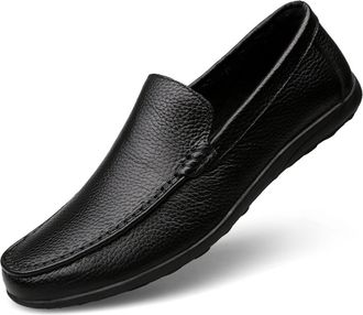 Generic Mens Loafers Breathable Driving Loafers Leather Flat Heel Slip Resistant Lightweight Walking Slip-on(Black,7.5 UK)