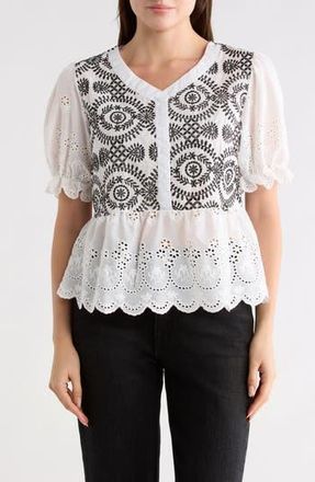 Forgotten Grace Eyelet Embroidered Short Sleeve Button-Up Shirt in White/Black at Nordstrom Rack, Size X-Large