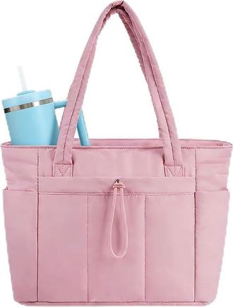 Generic Quilted Tote Bag with Cup Holder & Laptop Compartment, Large Capacity Cute Puffer Crossbody Travel Work Bags for Women (2, Pink)