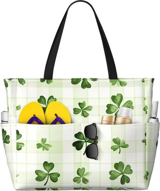 Generic Happy St. Patricks Day Print Large Beach Bag Foldable Travel Shoulder Tote Bag With Pocket For Weekender Pool Vacation