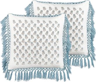 Beliani Conjunto De 2 Cojines De Algod&oacute;n Blanco Azul Gris 45 X 45 Cm Floral Flecos Pallida