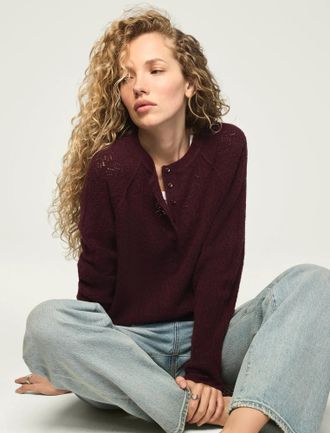 Lucky Brand Womens Cloud Soft Pointelle Henley Sweater