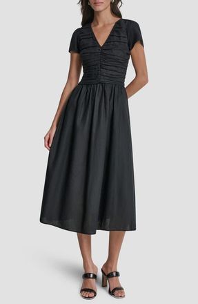 DKNY Ruched Bodice Linen Blend Midi Dress in Black at Nordstrom, Size X-Large